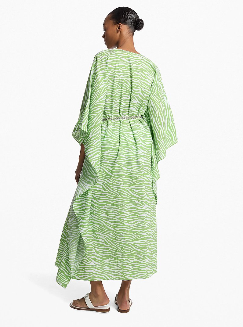 Zebra Print Cotton Belted Caftan in JUNGLEGREEN | Michael Kors