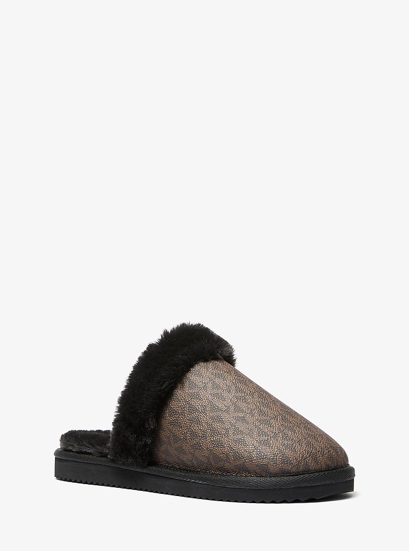 Liddy Signature Logo and Faux Fur Slipper in BROWN/BLK | Michael Kors