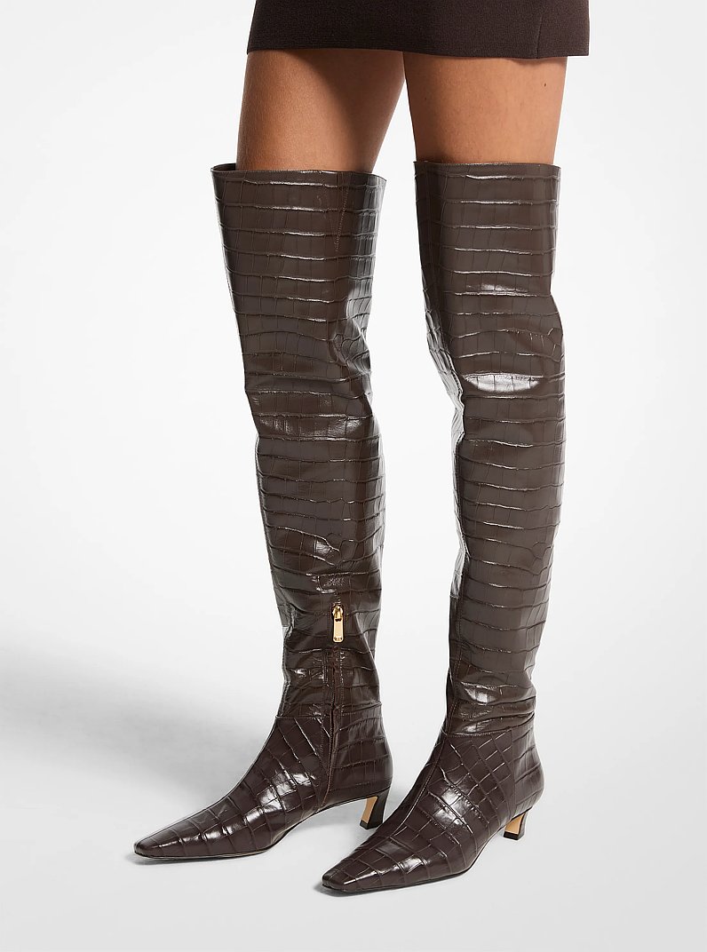 Cosmo Crocodile Embossed Leather Boot in CHOCOLATE | Michael Kors