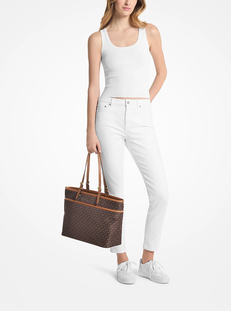 Winston Large Signature Logo Print Woven Pocket Tote Bag in BRN/ACORN | Michael Kors