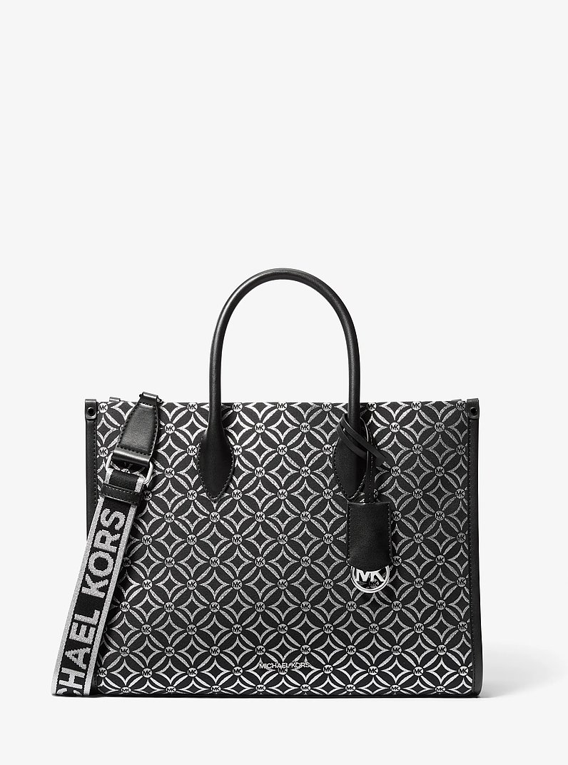 Mirella Medium Metallic Logo Jacquard Tote Bag in BLACK/SILVER | Michael Kors