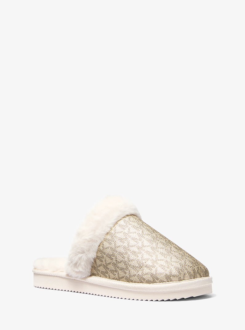 Liddy Metallic Signature Logo and Faux Fur Slipper in PALE GOLD | Michael Kors