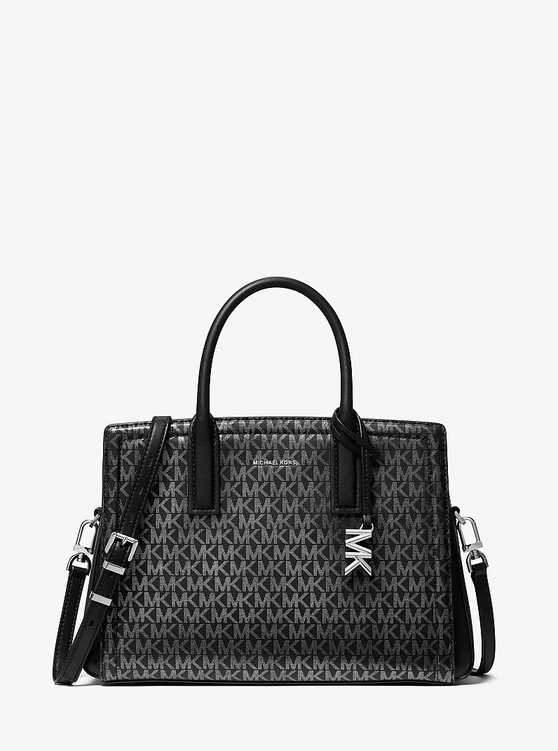 Laila Medium Metallic Signature Logo Satchel in BLACK - Sale