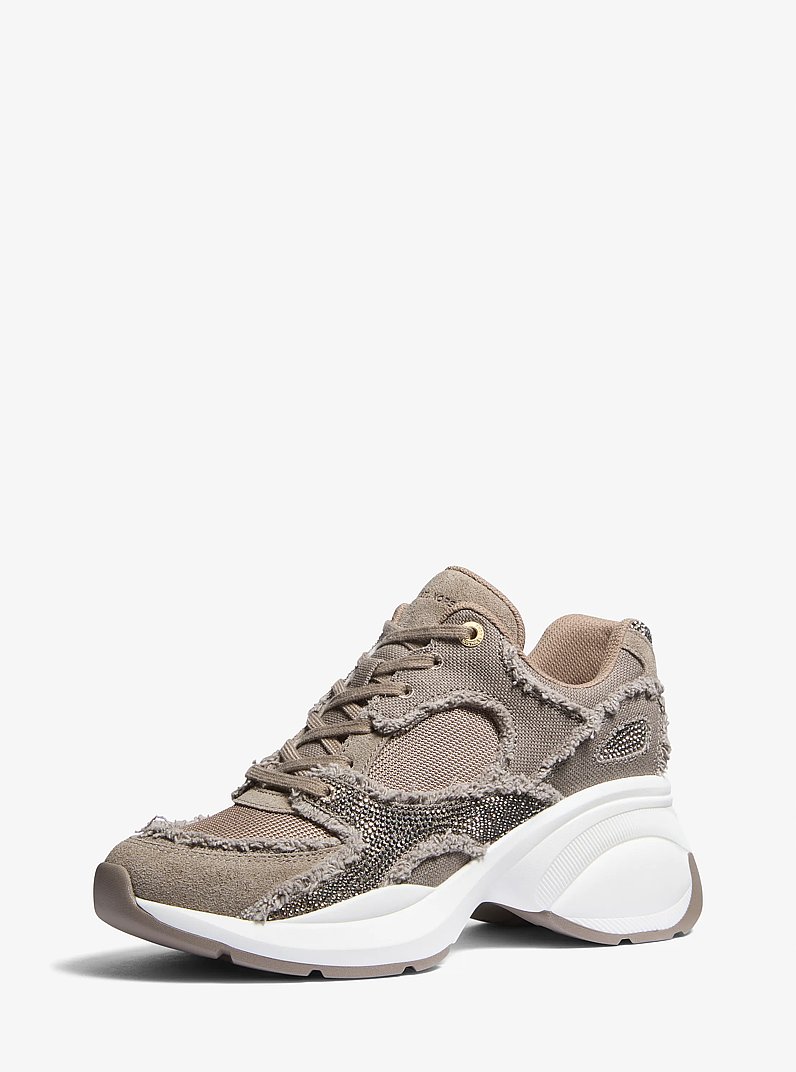 Zuma Embellished Frayed Mixed-Media Trainer in BIRCH | Michael Kors