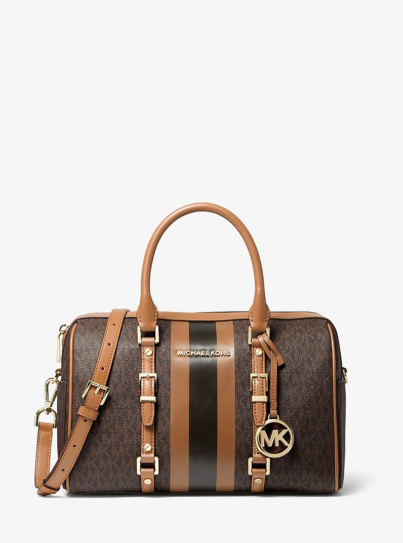 Bedford Travel Medium Logo Stripe Satchel in BRN/ACORN | Michael Kors