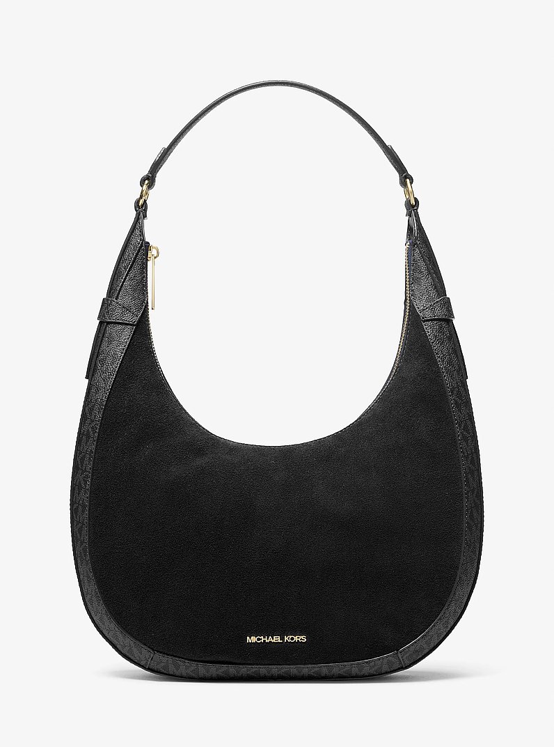 Preston Large Suede and Signature Logo Crescent Shoulder Bag in BLACK | Michael Kors
