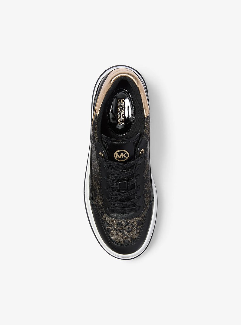 Hayes Metallic Empire Monogram and Leather Trainer in BLACK/PALE GOLD | Michael Kors