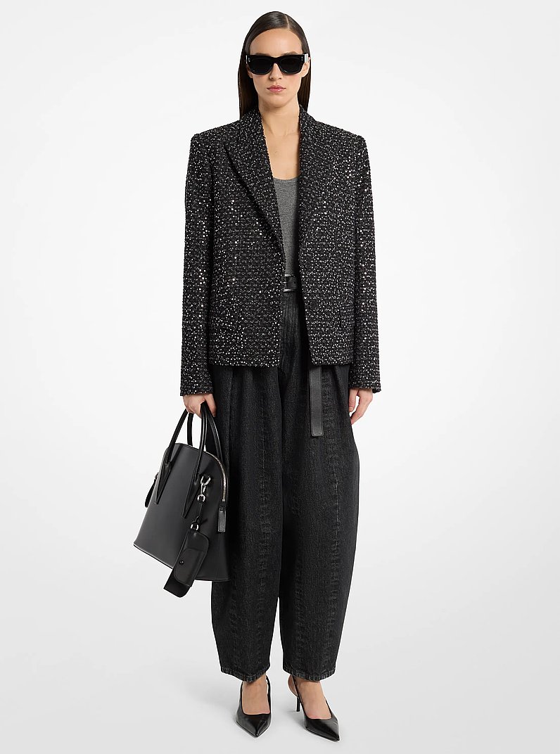 Sequined Denim Tweed Cropped Blazer  in BLACK/SILVER | Michael Kors