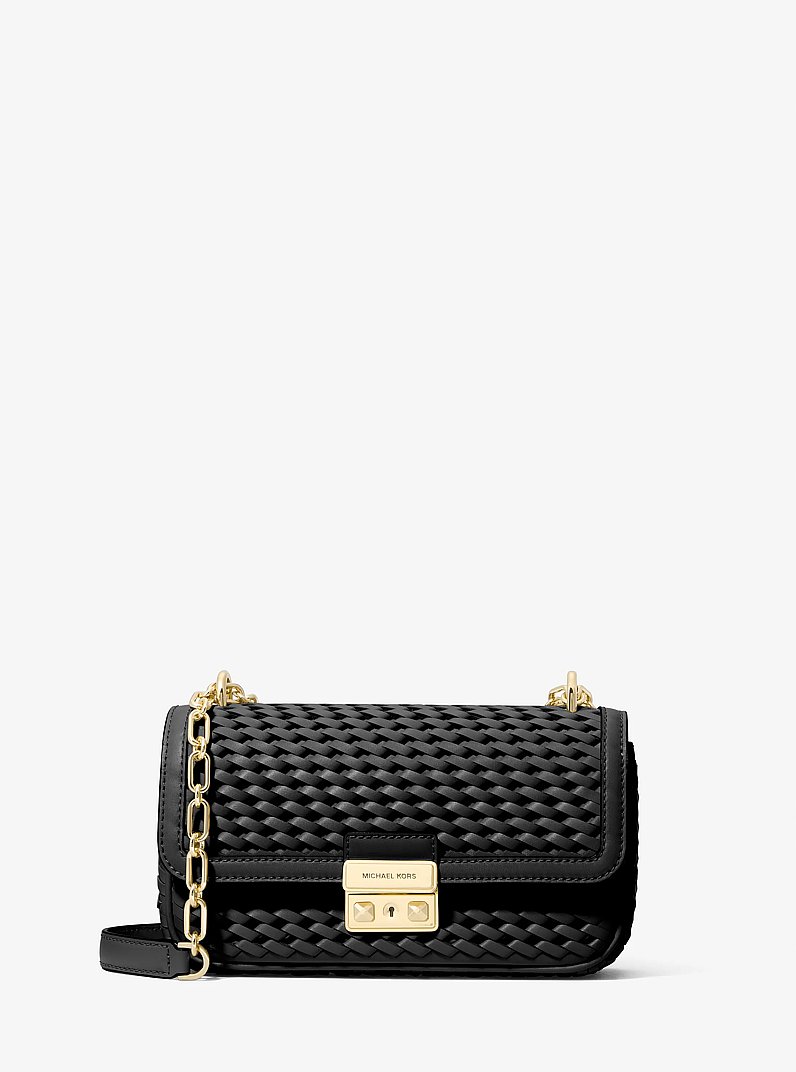 Tribeca Small Hand-Woven Leather Shoulder Bag in BLACK | Michael Kors