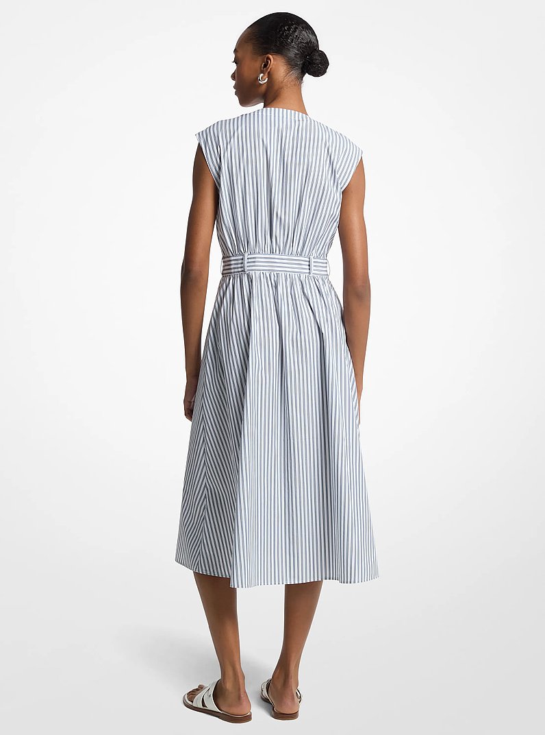 Midi-jurk van katoenpopeline met strepen en riem