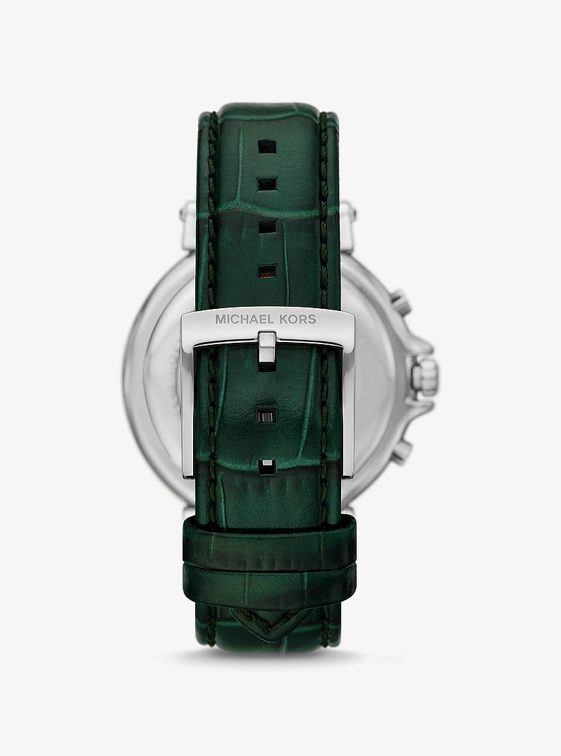 &Uuml;bergro&szlig;e Armbanduhr Maren im Silberton und Lederarmband mit Krokodilpr&auml;gung in GR&Uuml;N | Michael Kors