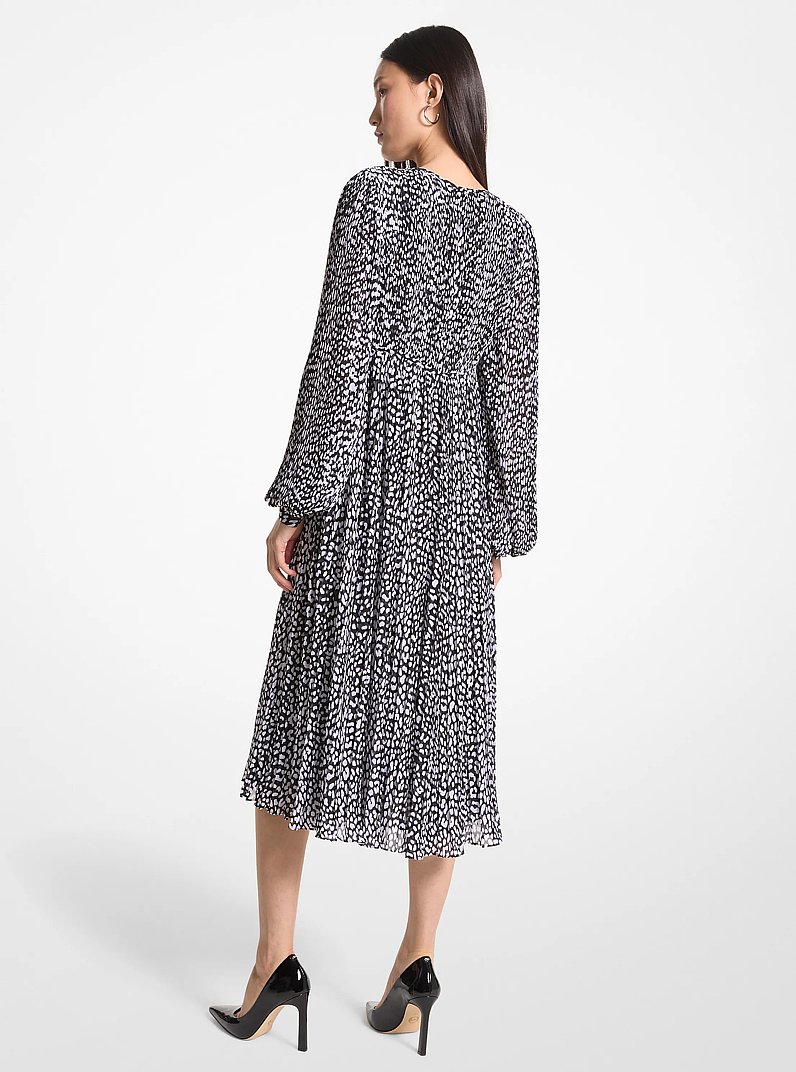 Pleated Leopard Print Georgette Midi Dress in BLACK/WHITE | Michael Kors