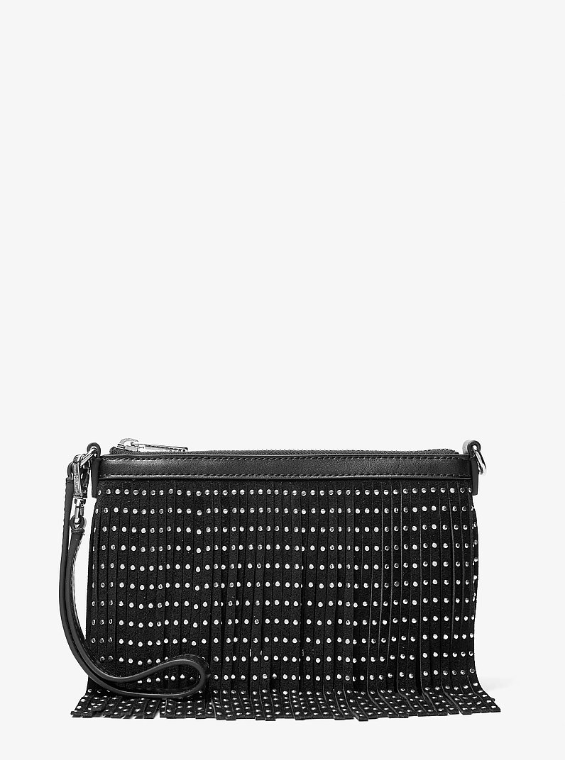 Petite pochette-bracelet Jet Set Travel en microsu&egrave;de de polyester &agrave; clous et &agrave; franges in NOIR | Michael Kors