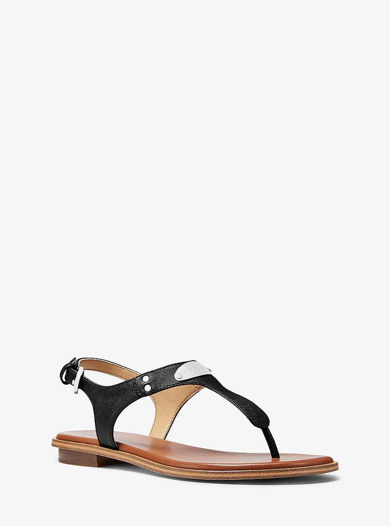 Logo Plate Leather Sandal in BLACK | Michael Kors