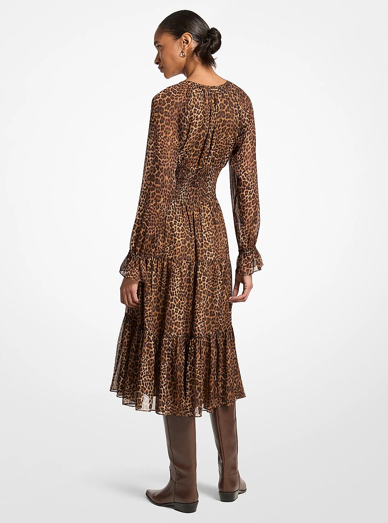 Leopard Print Georgette Midi Dress in CAMEL OSCURO | Michael Kors