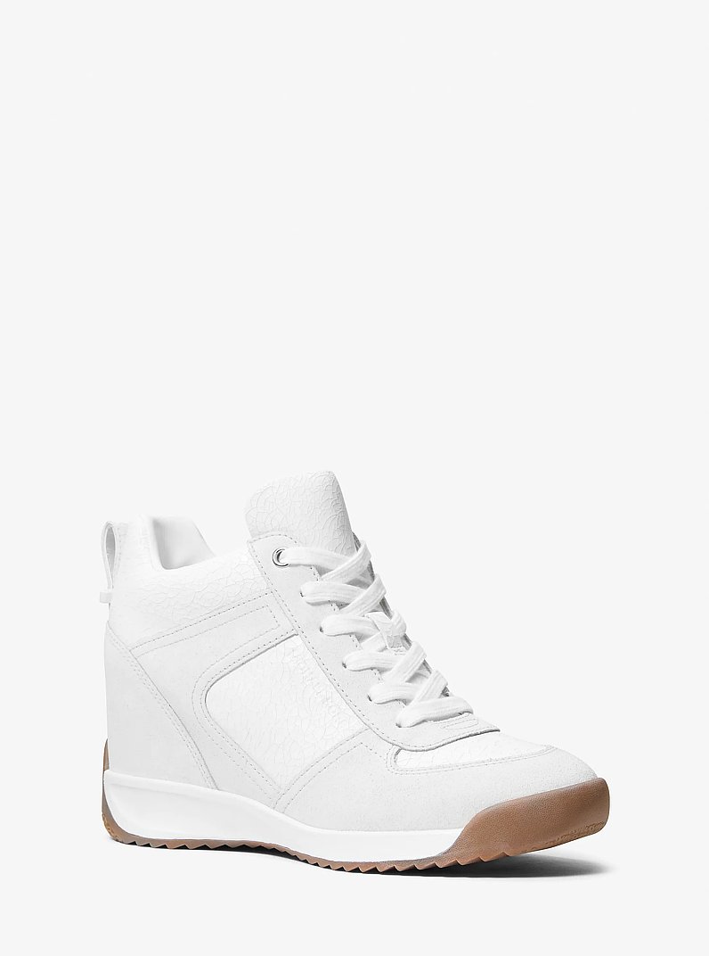 Nikko S2 Embellished Mixed-Media Wedge Trainer in OPTIC WHITE | Michael Kors
