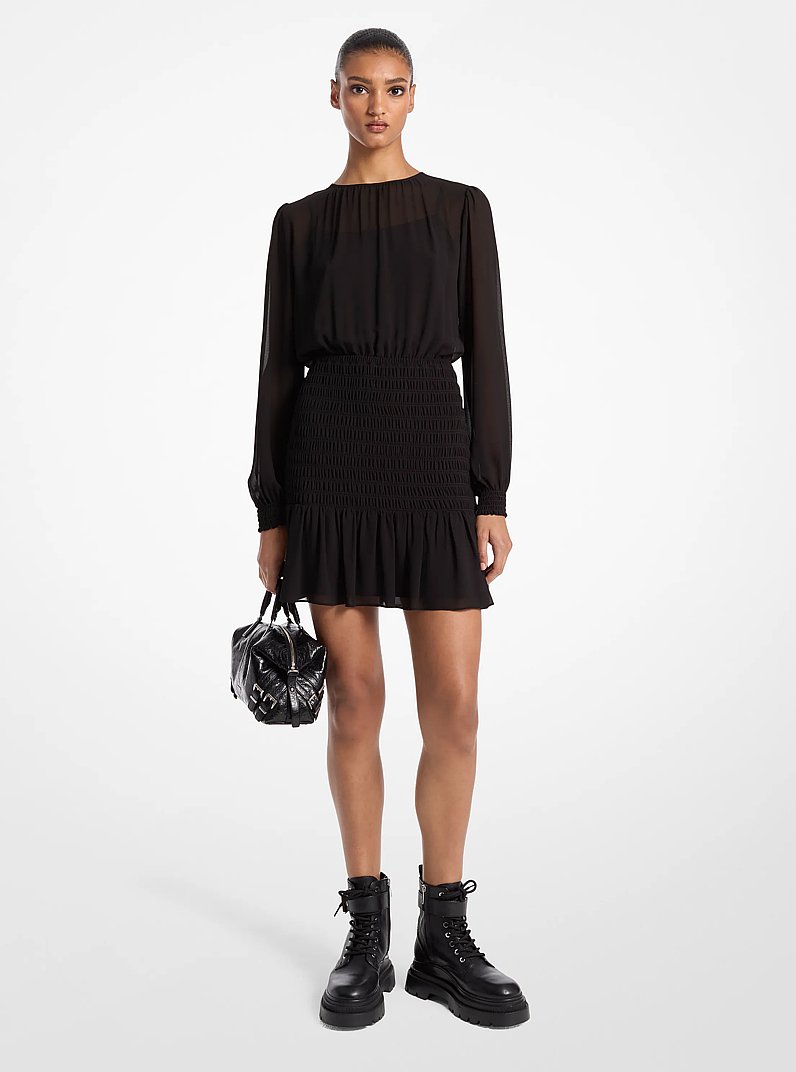 Smocked Georgette Long Sleeve Dress in BLACK | Michael Kors