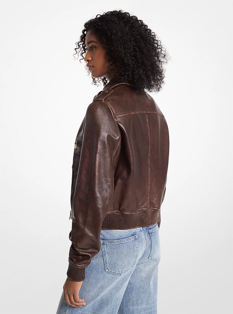 Burnished Leather Blouson Sleeve Jacket in CHOCOLATE | Michael Kors