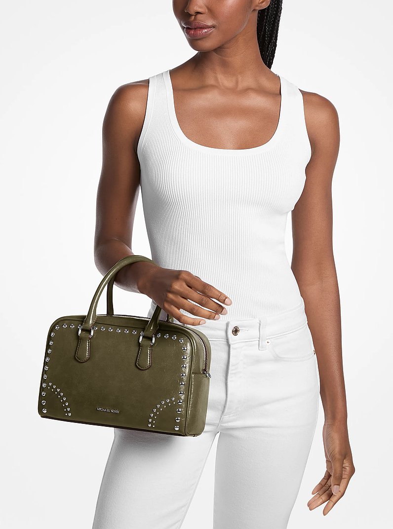 Thompson Medium Distressed Studded Satchel in OLIVE | Michael Kors