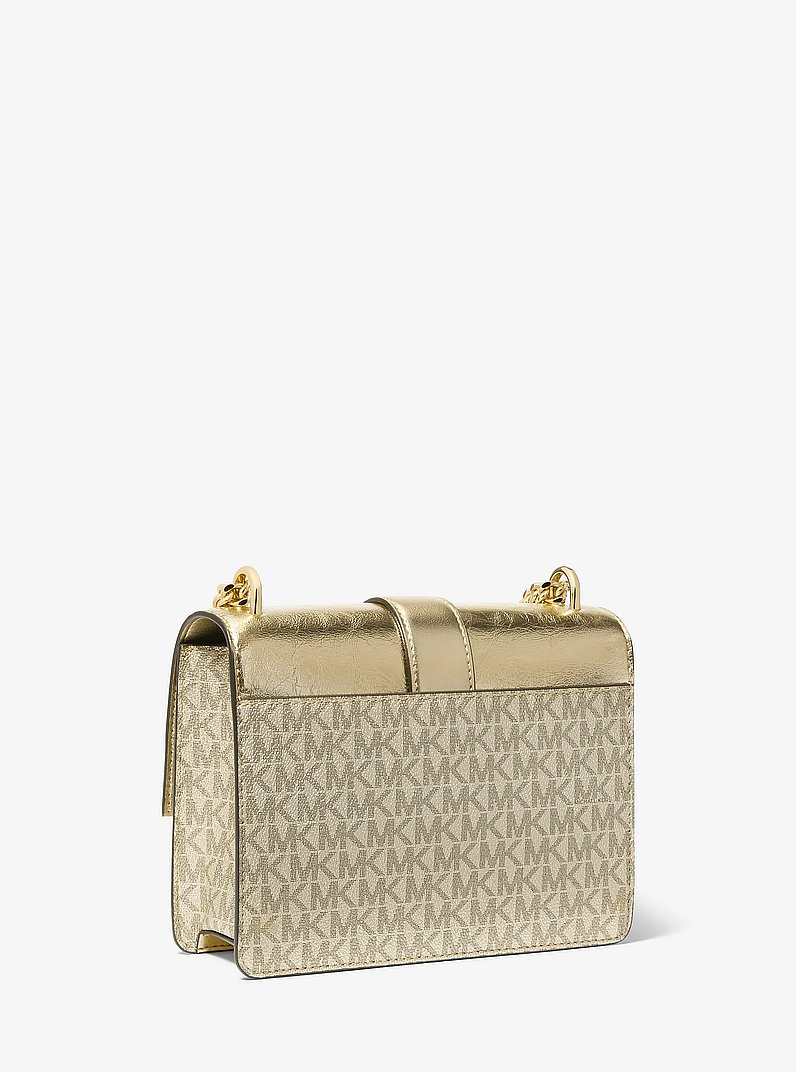 Umh&auml;ngetasche Greenwich Small in Metallic-Krakelee-Optik und mit Signature-Logomuster in BLASSGOLDTON | Michael Kors