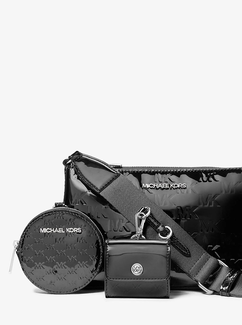 Jet Set Small Patent Logo Debossed Crossbody Bag with Case for Apple Airpods Pro&reg; in BLACK | Michael Kors