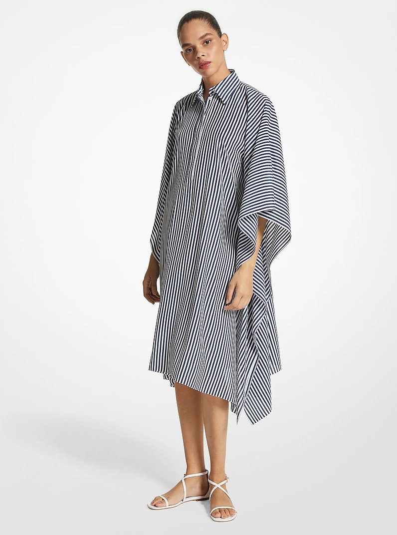Striped Organic Silk Crepe De Chine Caftan Shirtdress in NAVY/OP WHTE | Michael Kors