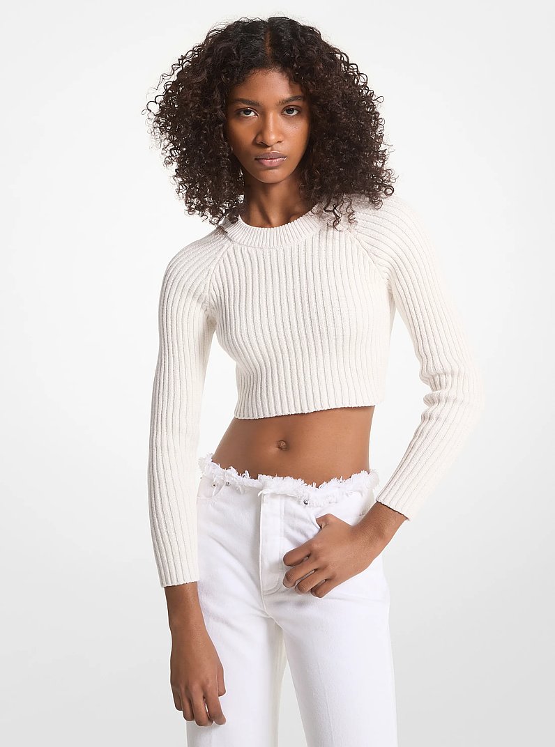 Ribbed Organic Cotton Cropped Sweater in WHITE | Michael Kors