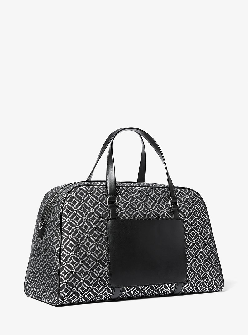Jet Set Travel Extra-Large Metallic Logo Jacquard Weekender Bag in BLACK/SILVER | Michael Kors