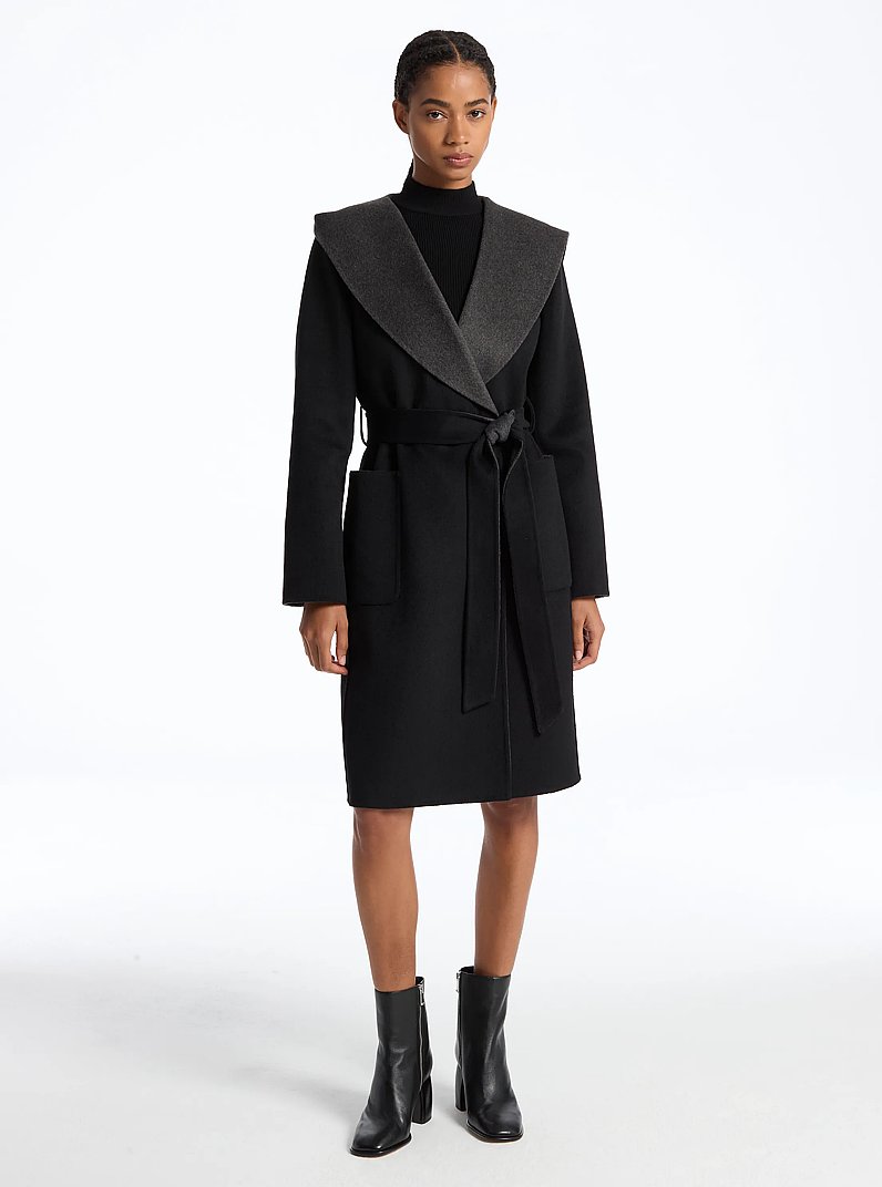 Two-Tone Wool Blend Wrap Hooded Coat