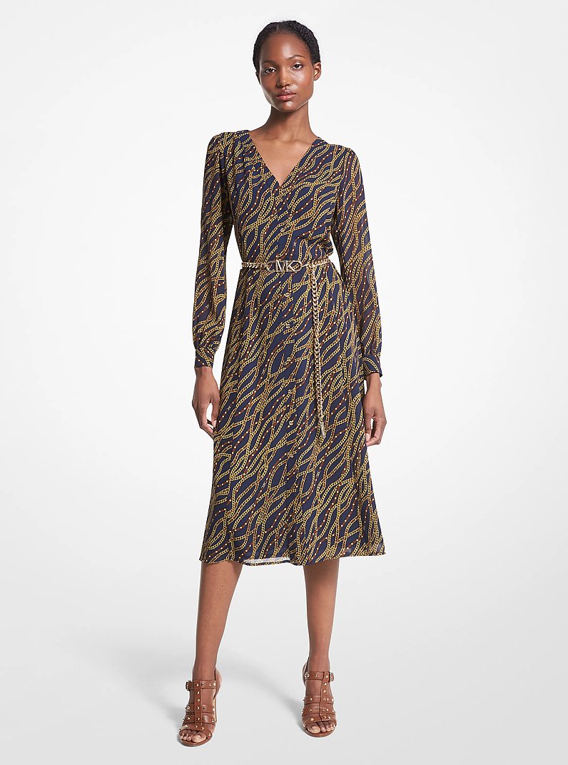 Status Print Georgette Midi Dress in MIDNIGHTBLUE | Michael Kors
