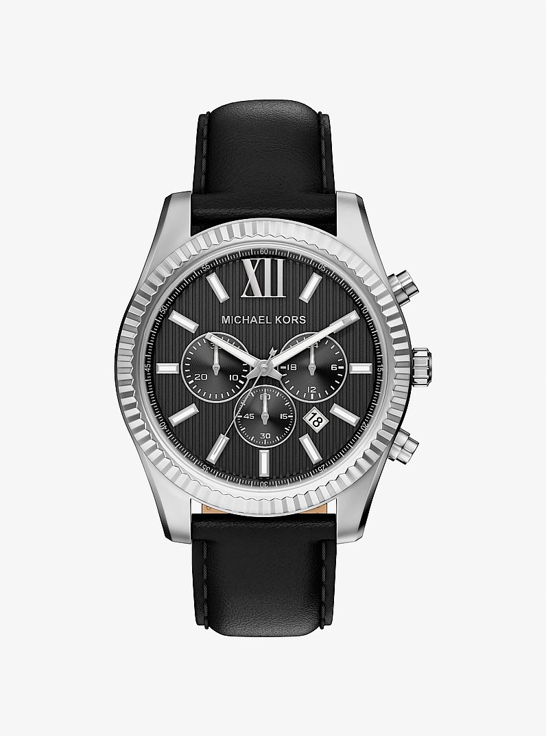 Oversized Lexington Silver-Tone and Leather Watch in BLACK | Michael Kors