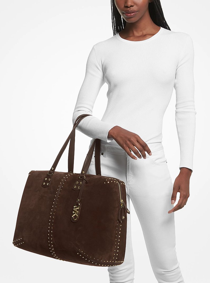 Astor Extra-Large Studded Suede Weekender Bag in CHOCOLATE | Michael Kors