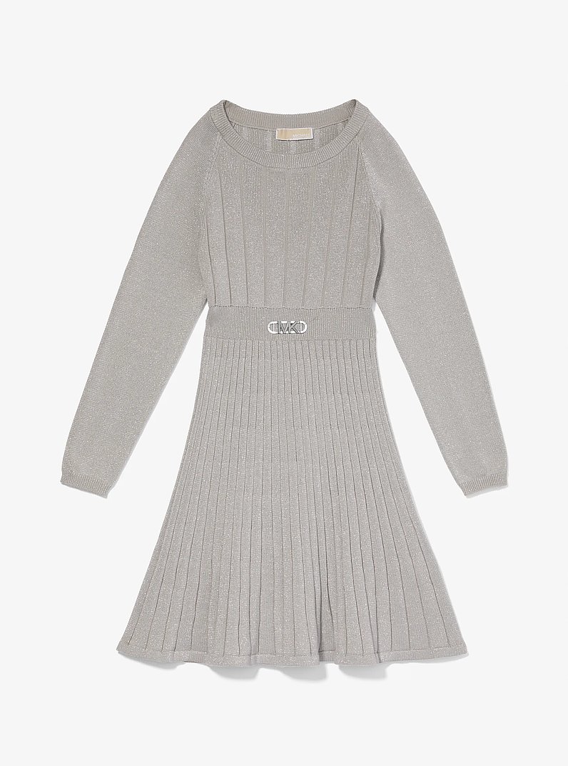 Pleated Metallic Knit Sweaterdress in PALE GREY | Michael Kors