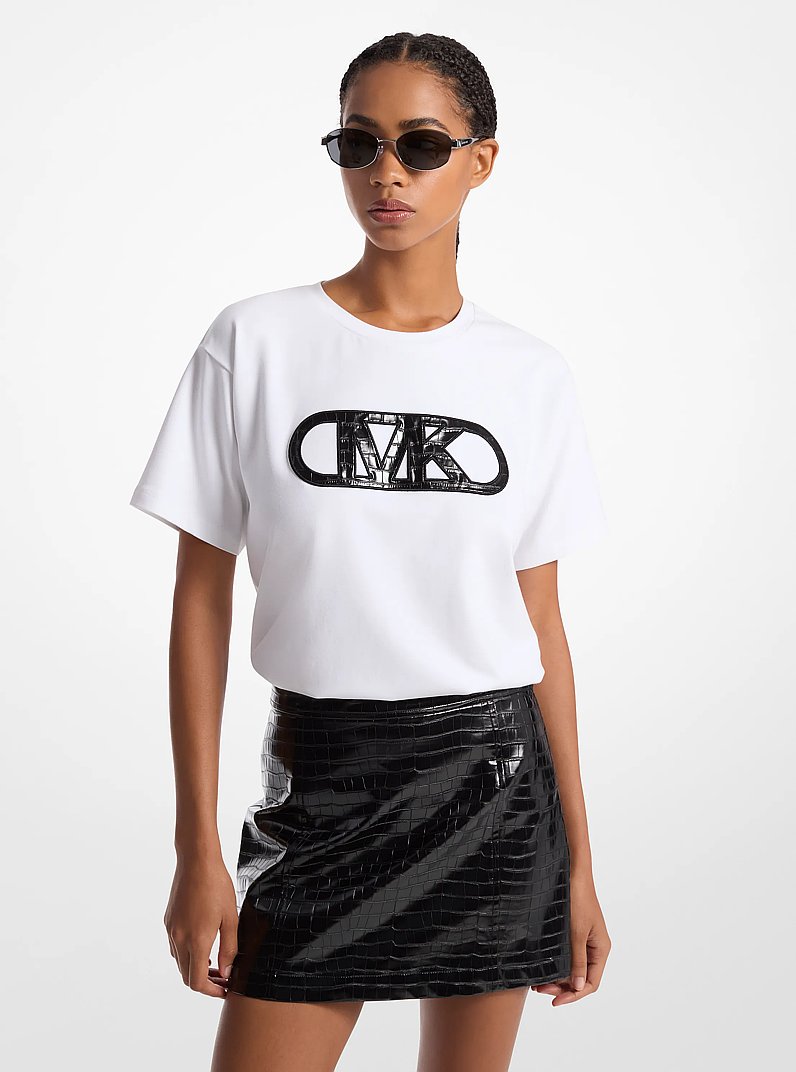 Crocodile Embossed Empire Logo Stretch Cotton T-Shirt in WHITE | Michael Kors