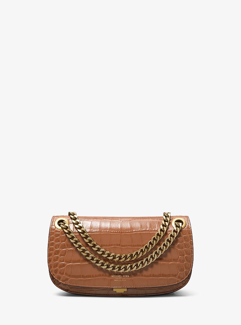 Christie Crocodile Embossed Leather Envelope Bag in SADDLE | Michael Kors