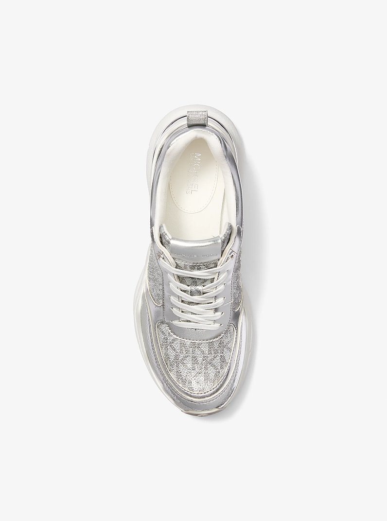 Katrina Sequined Mixed-Media Trainer in SILVER | Michael Kors