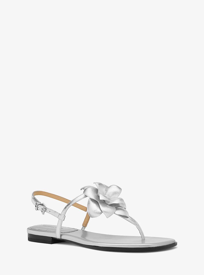 Jacie Floral Embellished Metallic Leather T-Strap Sandal in SILVER | Michael Kors