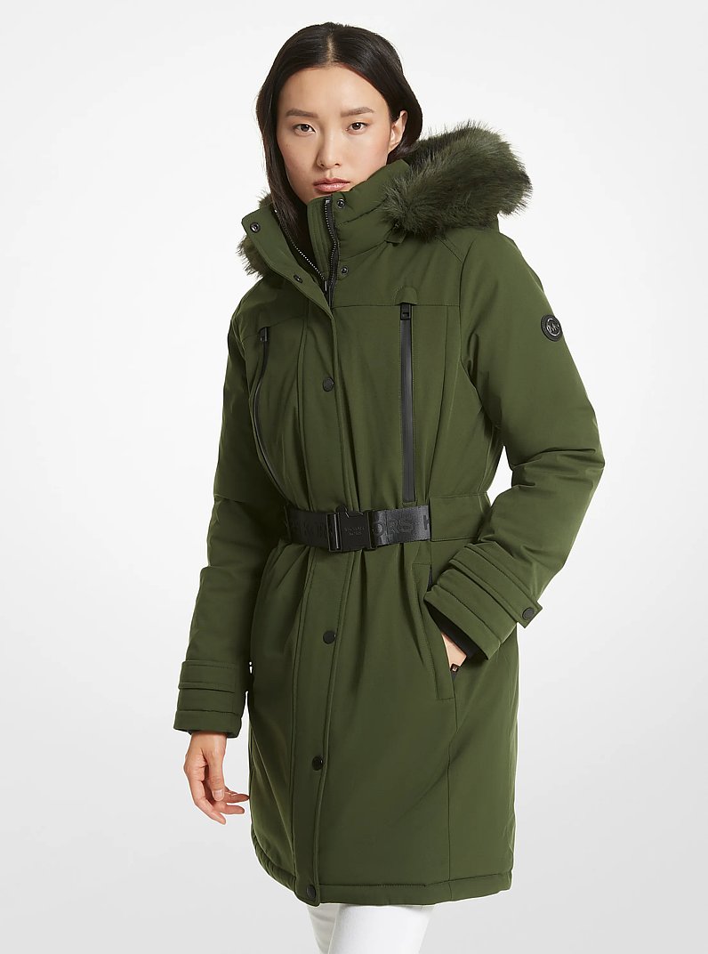 Faux Fur Trim Belted Parka