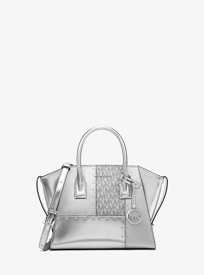 Avril Small Metallic Studded Patchwork and Signature Logo Satchel in SILVER | Michael Kors