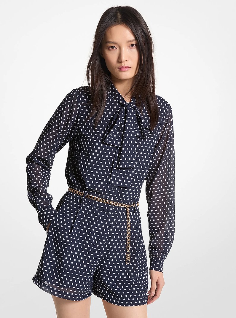 Polka Dot Georgette Belted Tie-Neck Romper in MIDNIGHTBLUE | Michael Kors