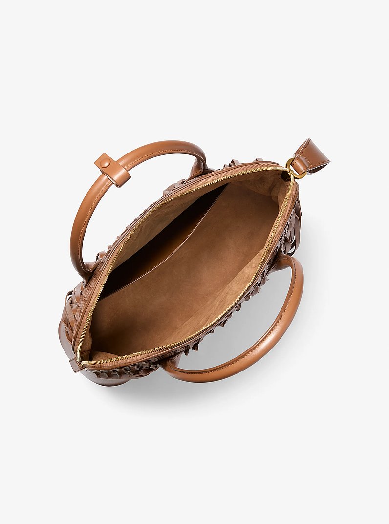 Kaitlin Large Fringed Woven Leather Dome Satchel in RAMA | Michael Kors