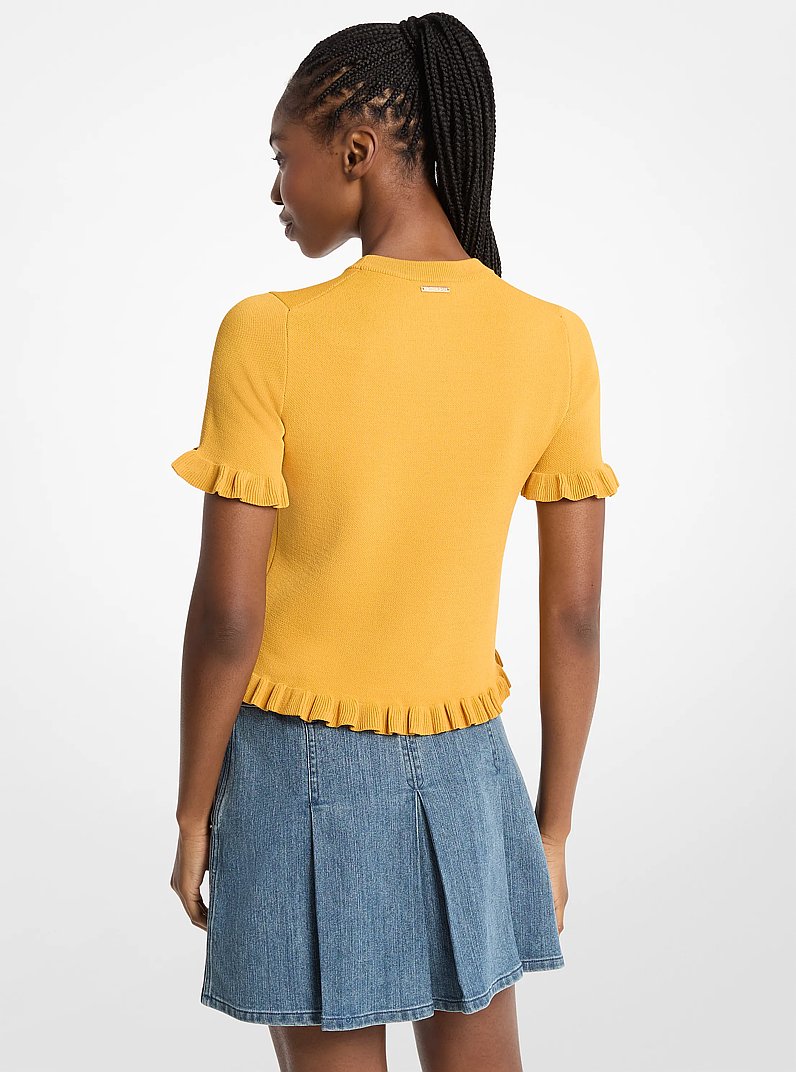 Ruffled Stretch Knit Logo Short-Sleeve Sweater in HONEYWHEAT | Michael Kors