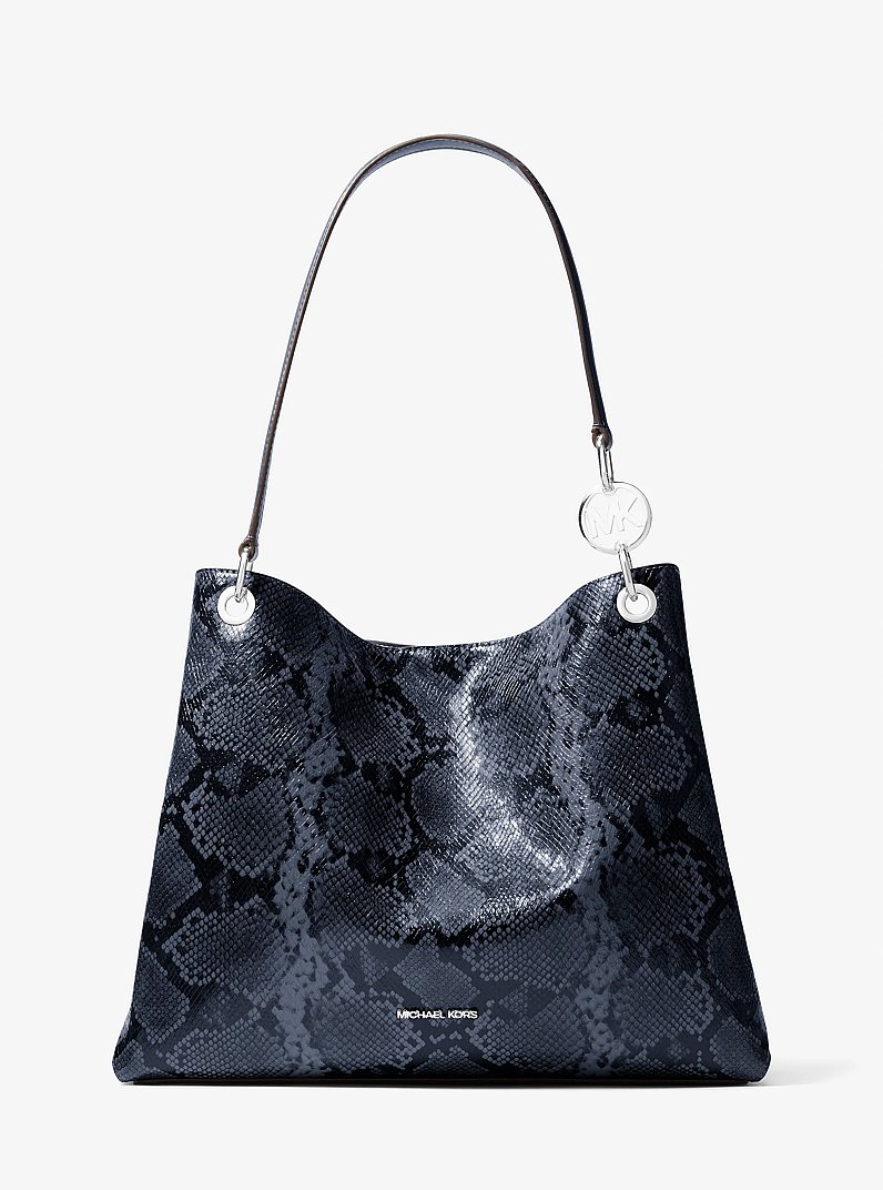 Christina Large Snake Embossed Shoulder Bag in NAVY | Michael Kors
