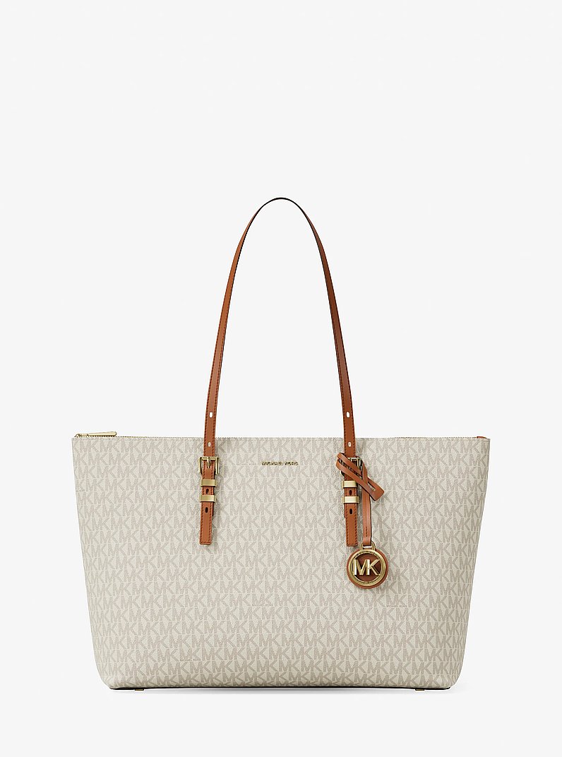 Quinn Large Signature Logo Tote Bag in VANILLA/ACORN | Michael Kors
