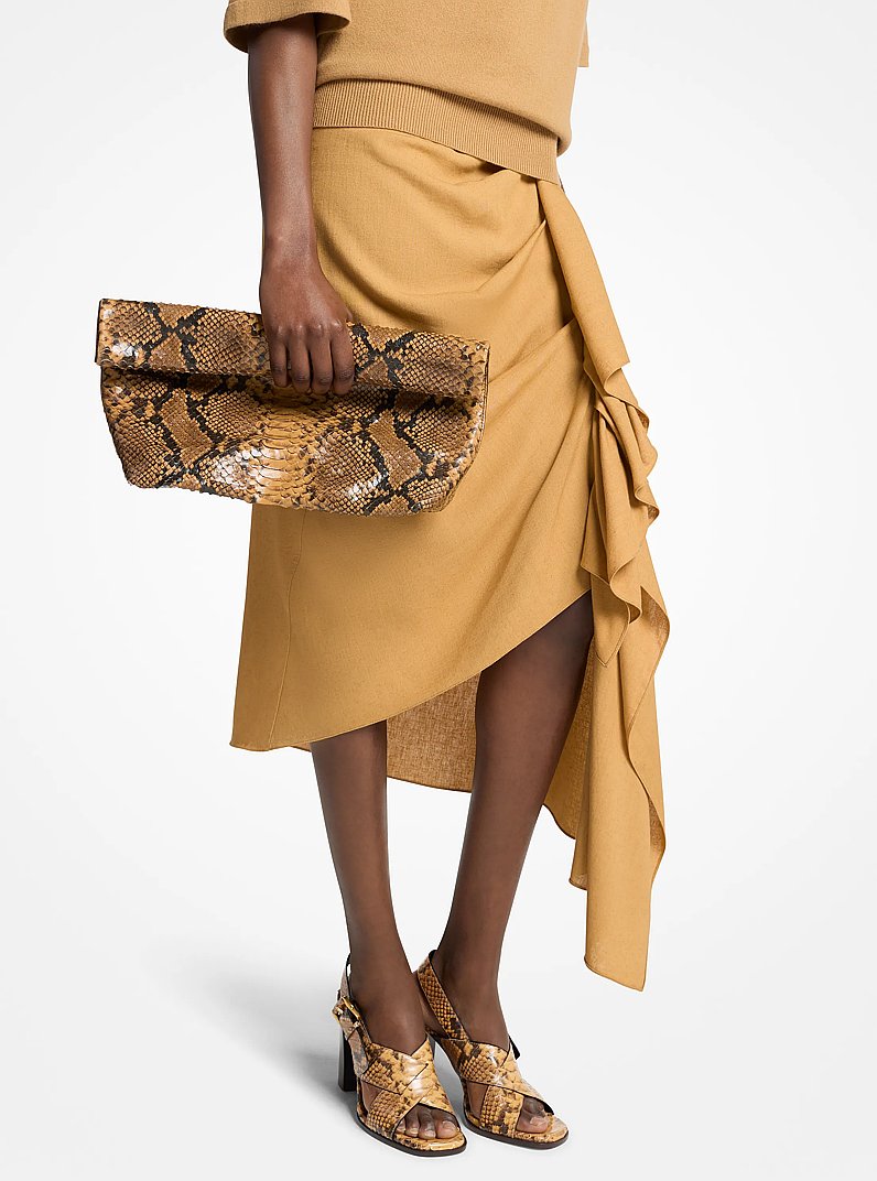 Maggie Snake Embossed Leather Lunch Bag Clutch in CASHEW | Michael Kors