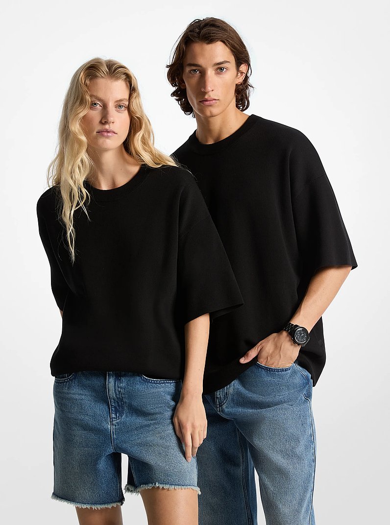Cotton Short-Sleeve Sweater in BLACK | Michael Kors