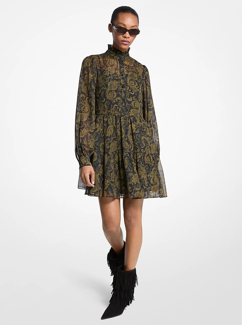 Metallic Paisley Print Georgette Mini Dress in IVY | Michael Kors