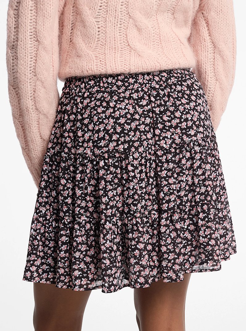Studded Floral Print Georgette Tiered Skirt in DUSTY ROSE | Michael Kors