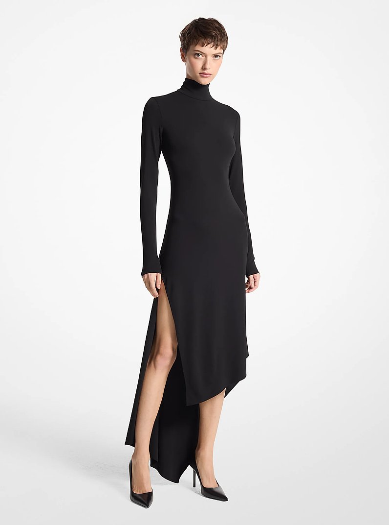 Stretch Matte Jersey One-Shoulder Handkerchief Dress in BLACK | Michael Kors