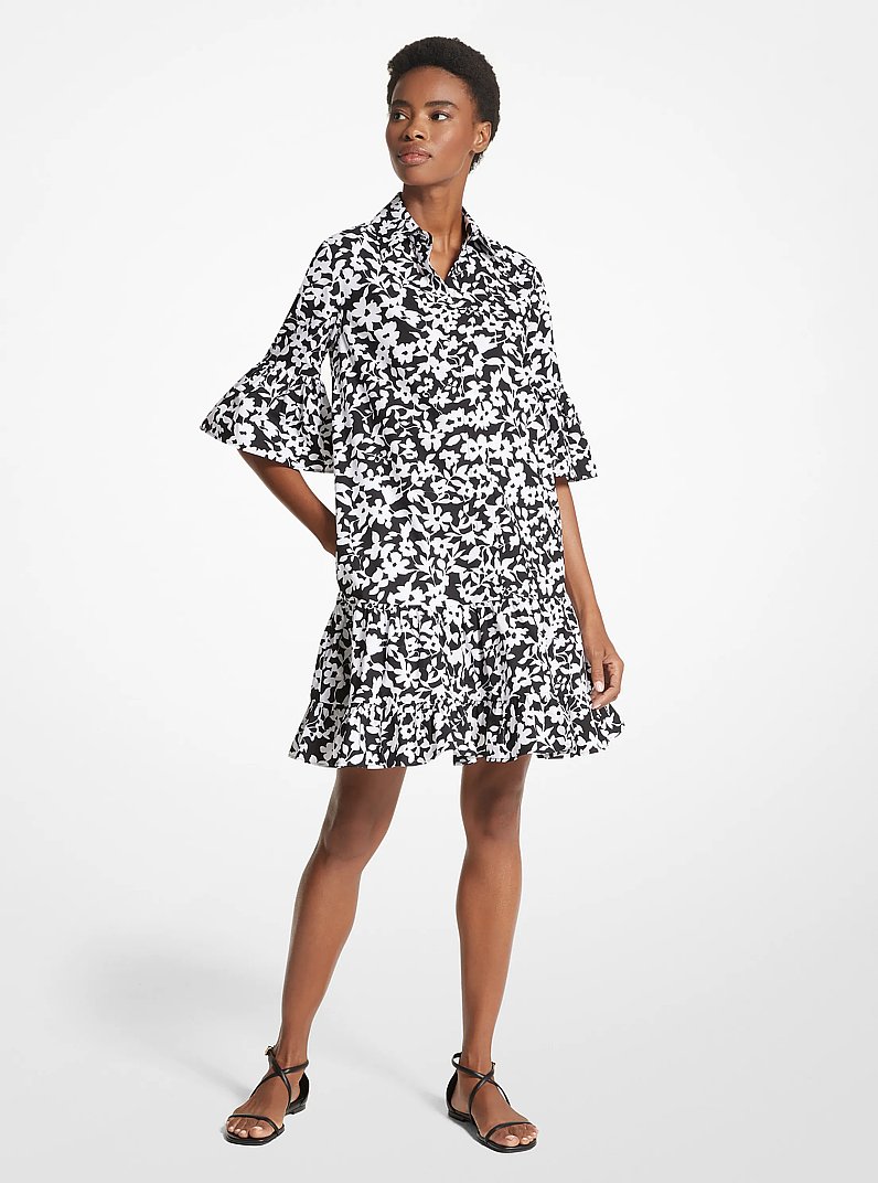 Vestido camisero de popelina de algod&oacute;n con estampado floral in NEGRO/BLANCO | Michael Kors